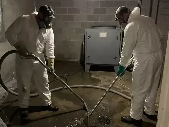 Two technicians in protective suits extracting wastewater from a basement floor
