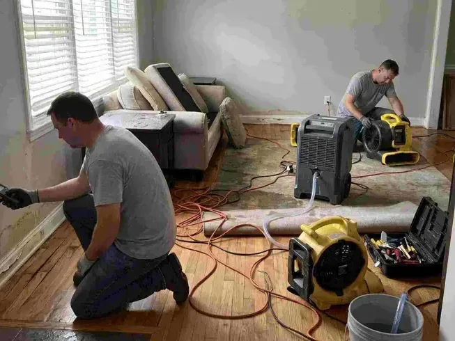 Two technicians checking wall moisture and setting up drying equipment in a living room