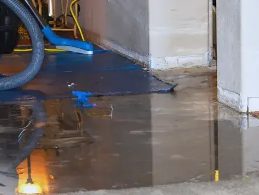 An extraction wand and hose removing standing water beside a doorway