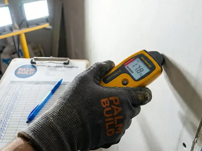 A gloved hand holding a moisture meter against a wall beside a drying record
