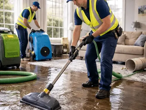 Two technicians extracting standing water from a living room floor with a wand and hose