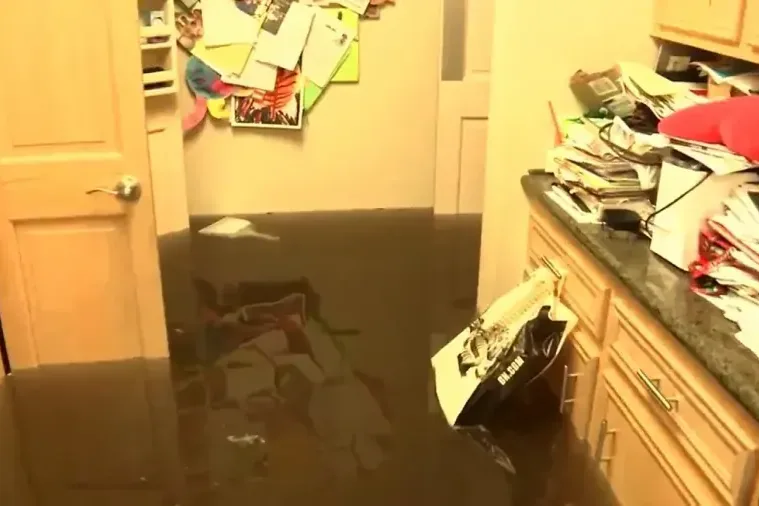 Brown floodwater covering a kitchen floor beneath cabinets and a refrigerator