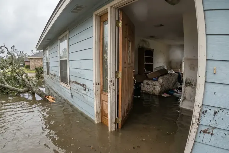 Floodwater and debris outside an open doorway of a blue sided home