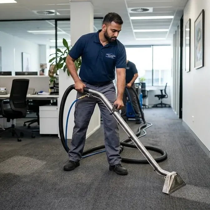 Technician using a carpet extraction wand in an office