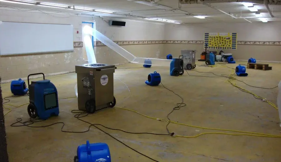 Air movers and dehumidifiers arranged across a large commercial floor