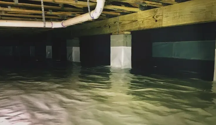 Standing water beneath a raised floor with exposed joists and piers