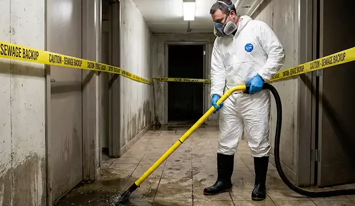 Protected worker cleaning a contaminated corridor behind sewage warning tape