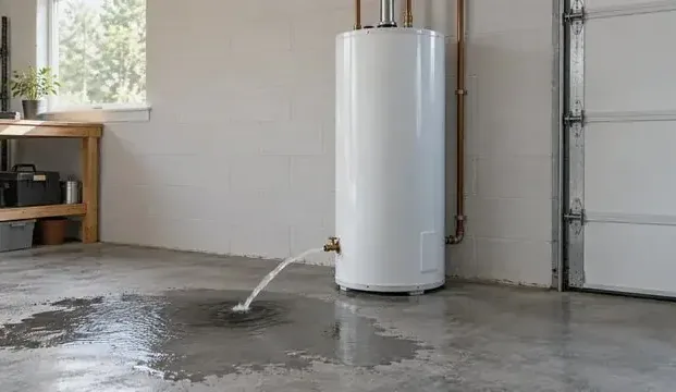 Water escaping beside a tank heater onto a wet garage floor