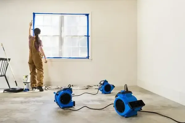 Air movers drying an empty room while a technician checks the window